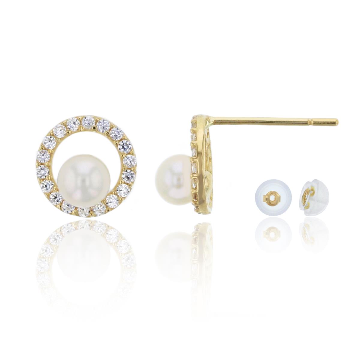 14K Yellow Gold 3mm Fresh Water Pearl & CZ Round Stud Earring & 14K Silicone Back