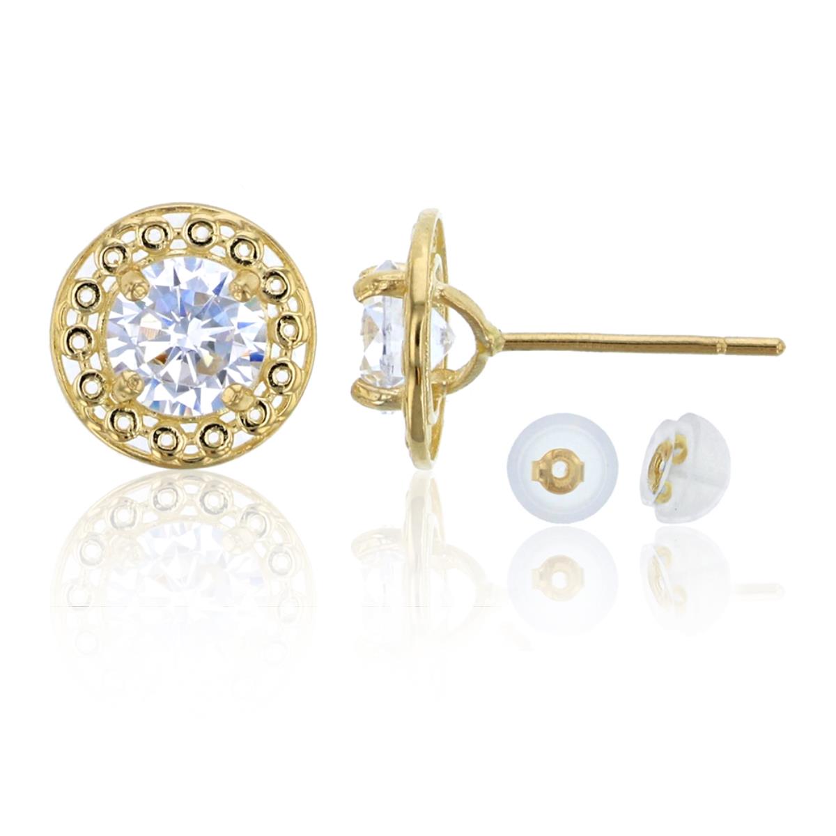 14K Yellow Gold 5mm Round Cut CZ Filigree Stud Earring & 14K Silicone Back