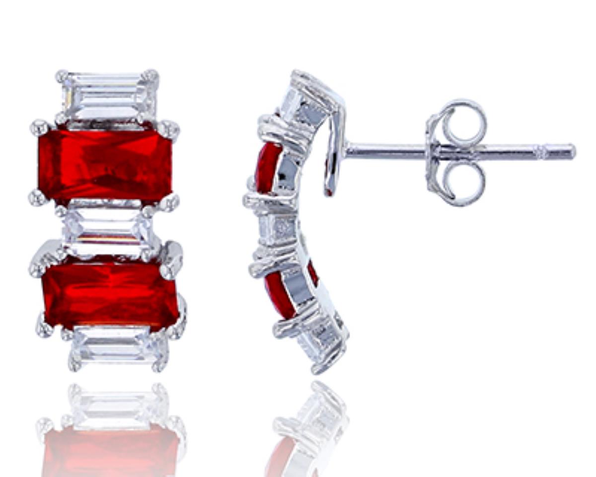 Sterling Silver Rhodium Emerald Cut Ruby Glass & Baguette Cut Clear CZ Stud Earring