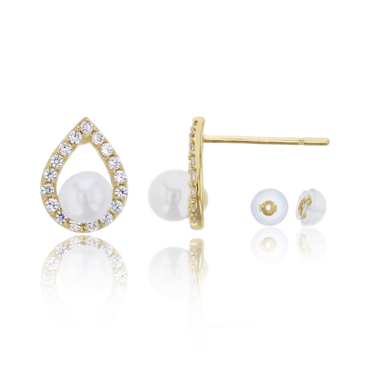 14K Yellow Gold 3mm Fresh Water Pearl & CZ Pear Shape Earring & 14K Silicone Back