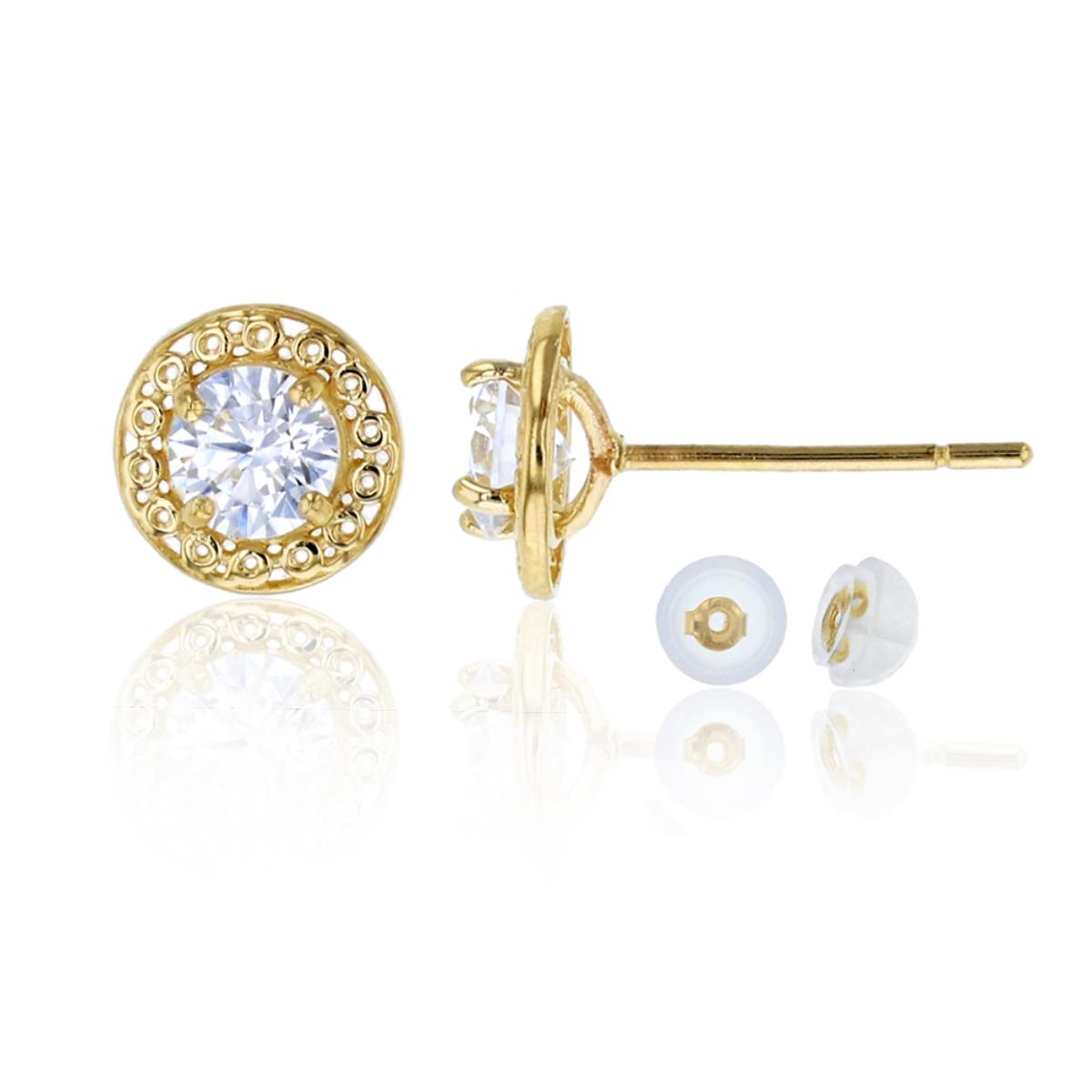 14K Yellow Gold 4mm Round Cut CZ Filigree Stud Earring & 14K Silicone Back