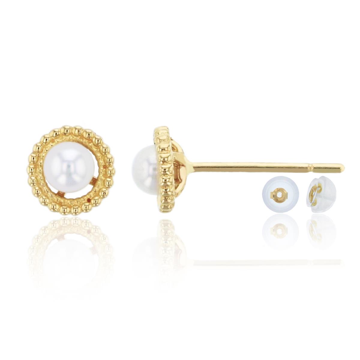 14K Yellow Gold 3mm Fresh Water Pearl Milgrain Stud Earring & 14K Silicone Back