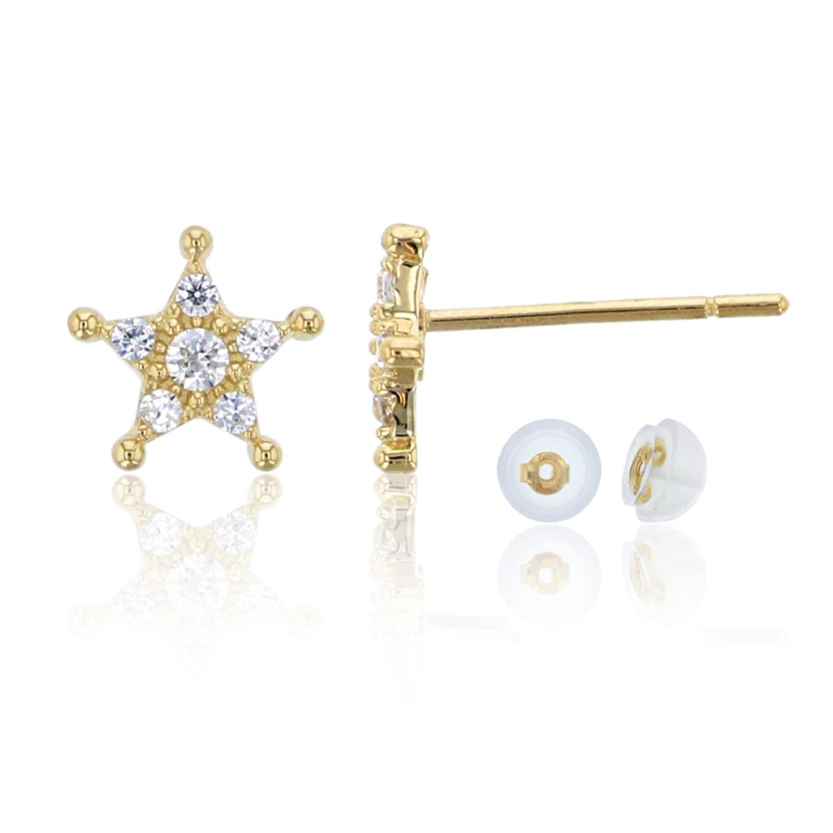 14K Yellow Gold 6x6mm Micropave Star CZ Stud Earring & 14K Silicone Back