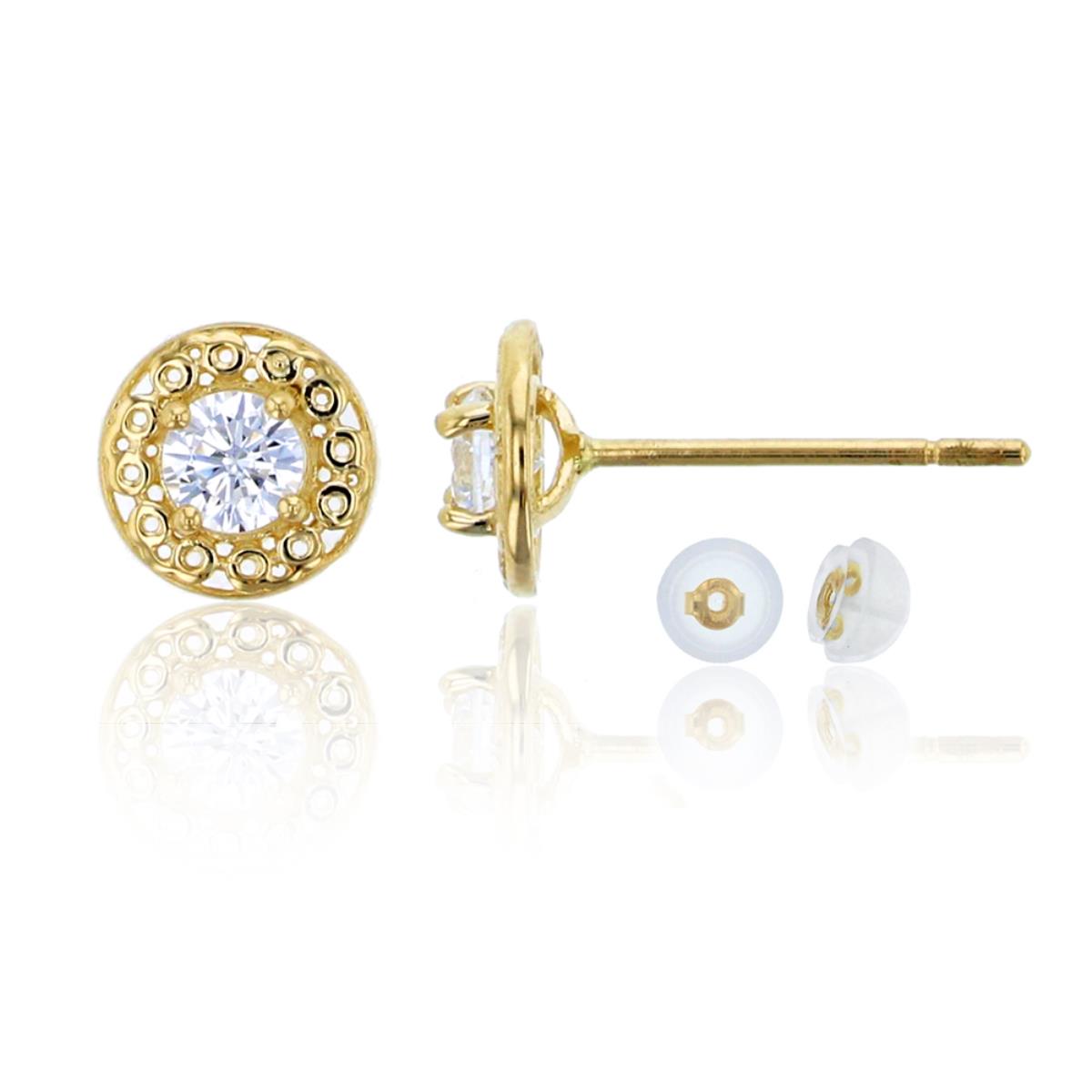 14K Yellow Gold 3mm Round Cut CZ Filigree Stud Earring & 14K Silicone Back