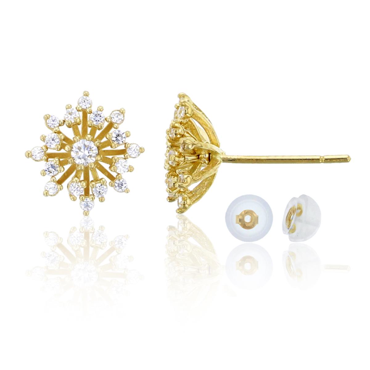 14K Yellow Gold 9x8mm Snowflake CZ Stud Earring & 14K Silicone Back