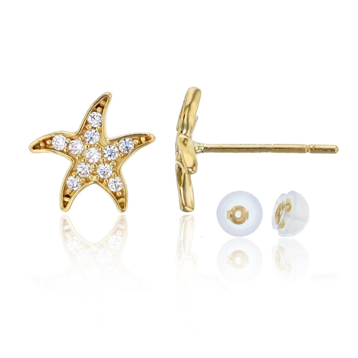 14K Yellow Gold Micropave 7x8mm Starfish CZ Stud Earring & 14K Silicone Back