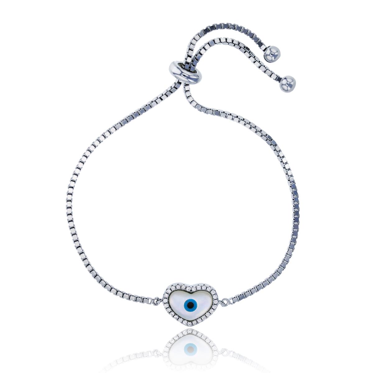 Sterling Silver Rhodium Enamel Evil Eye Mother Of Pearl 8mm Adjustable Bracelet