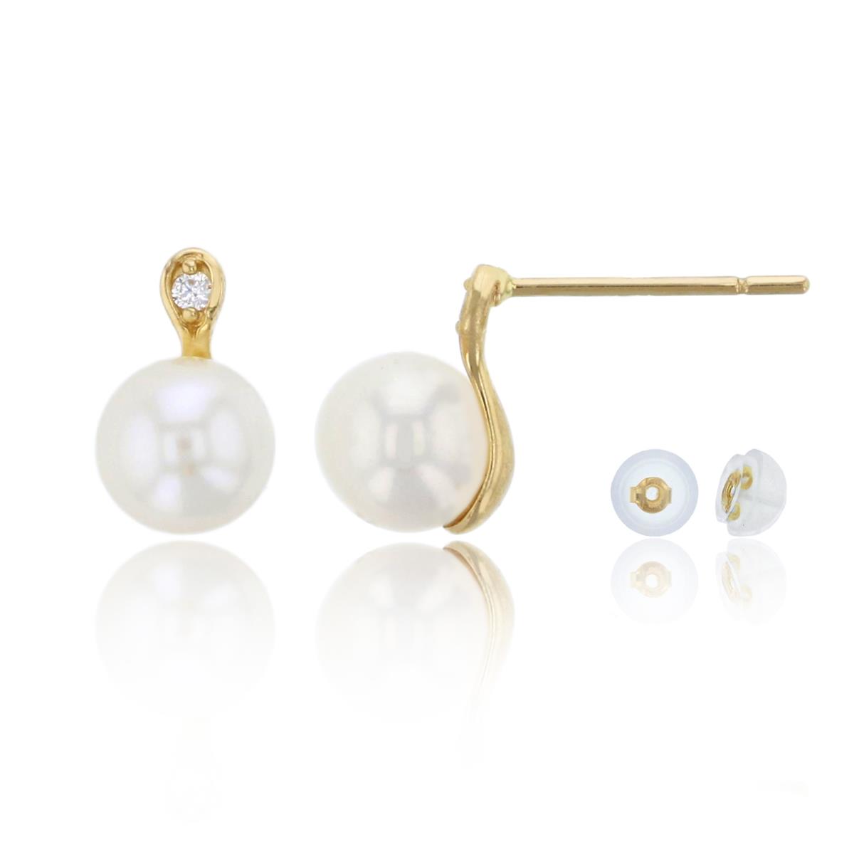 14K Yellow Gold 5mm Fresh Water Pearl & CZ Stud Earring & 14K Silicone Back