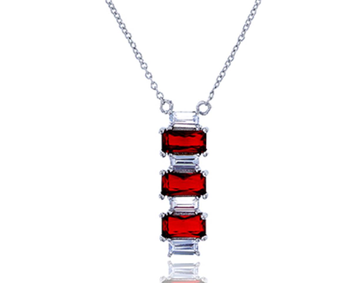 Sterling Silver Rhodium Emerald Cut Ruby Glass & Baguette Cut Clear CZ Vertical Bar 18" Necklace