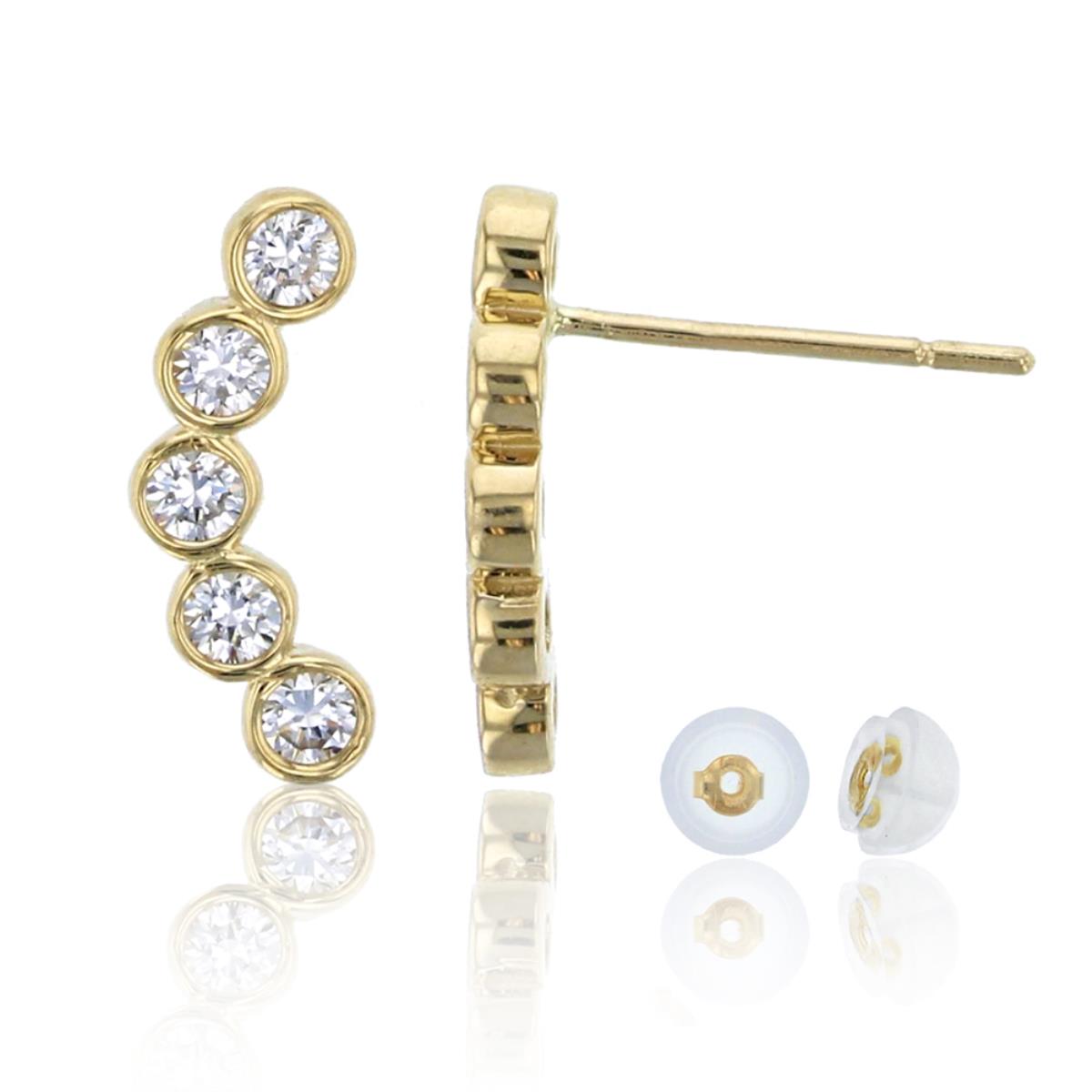 10K Yellow Gold 5-Stones Bezel Curved Bar CZ Stud Earring & 10K Silicone Back