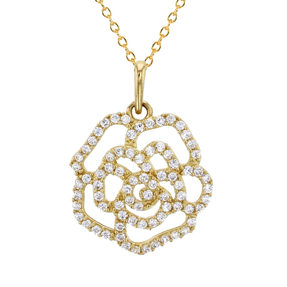 14K Yellow Gold Micropave Round CZ 20x15mm Filigree Rose 18" Necklace