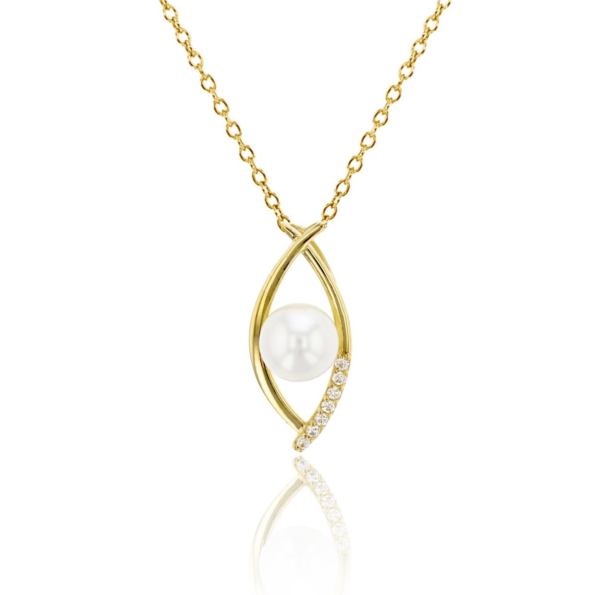 10K Yellow Gold 5mm Fresh Water Pearl & CZ Open Leaf 18" Necklace