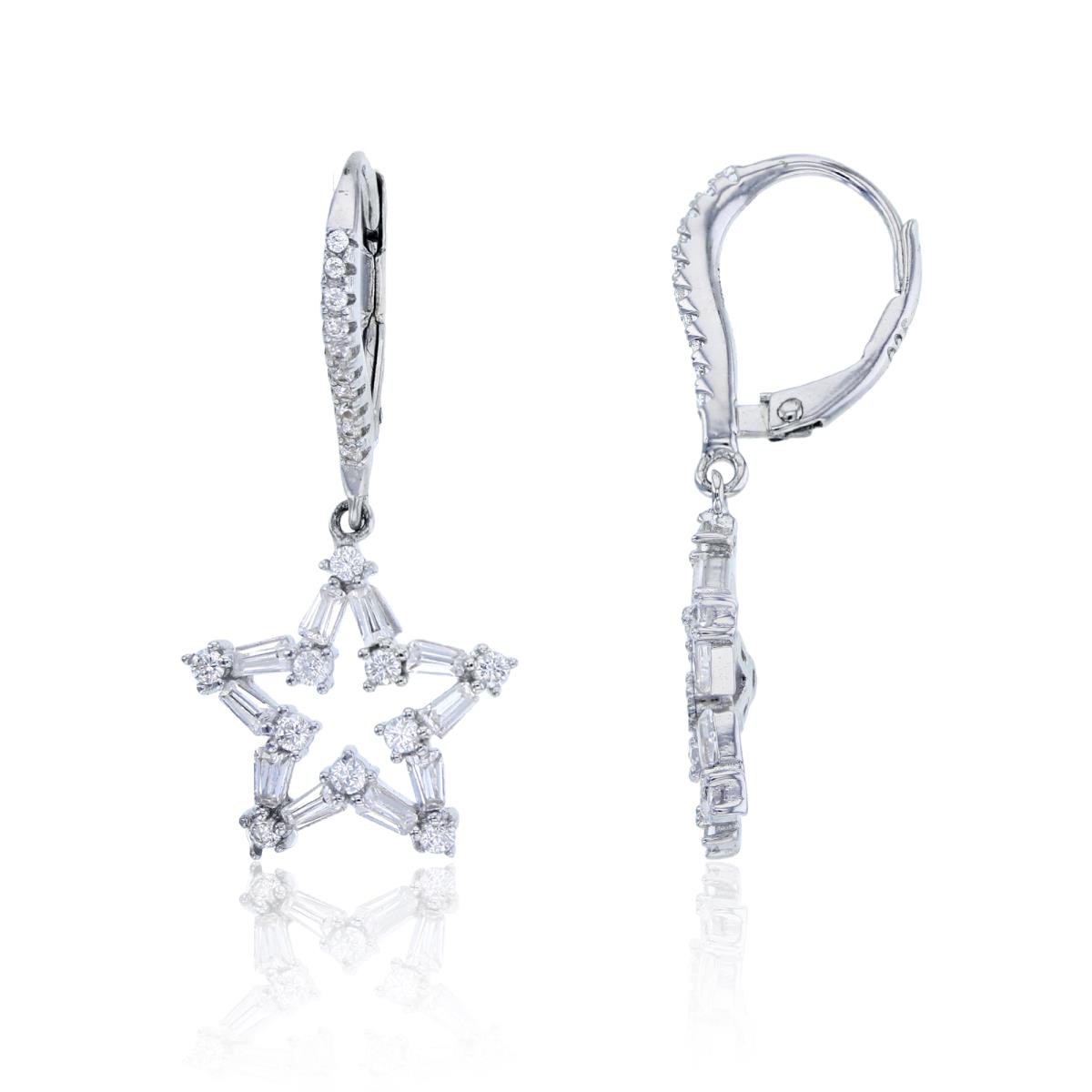 Sterling Silver Rhodium Baguette & Round Cut Star CZ Lever Back Earring