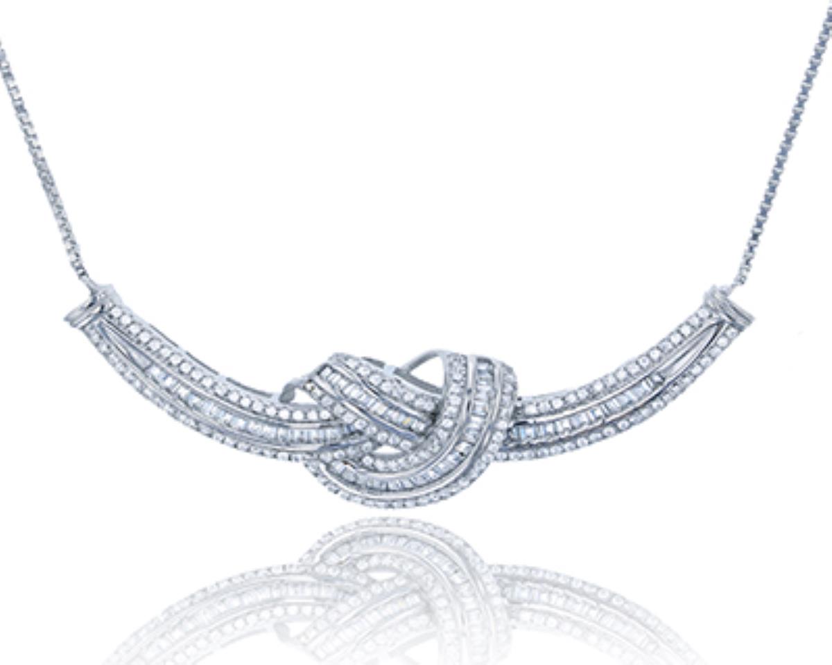 Sterling Silver Rhodium Baguette & Round CZ Knot 17+1" Necklace