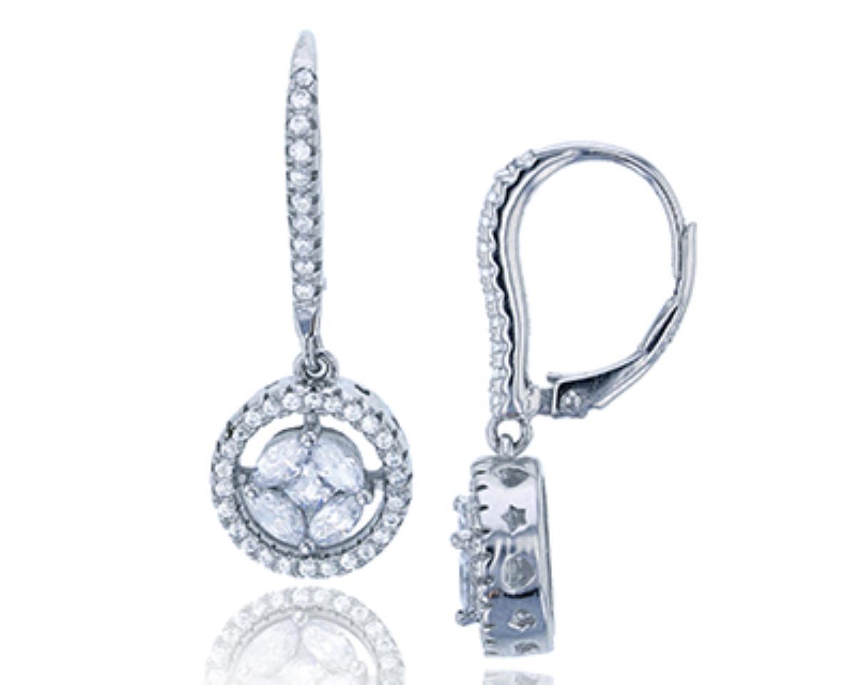 Sterling Silver Rhodium Multi-Stone Halo CZ Lever Back Earring