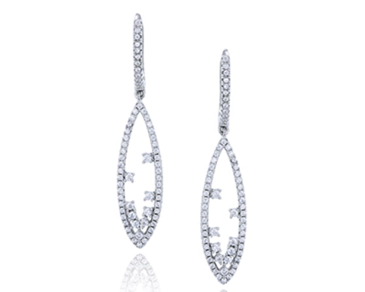 Sterling Silver Rhodium Micropave CZ Long Marquise Shaped Latchback Dangling Earring