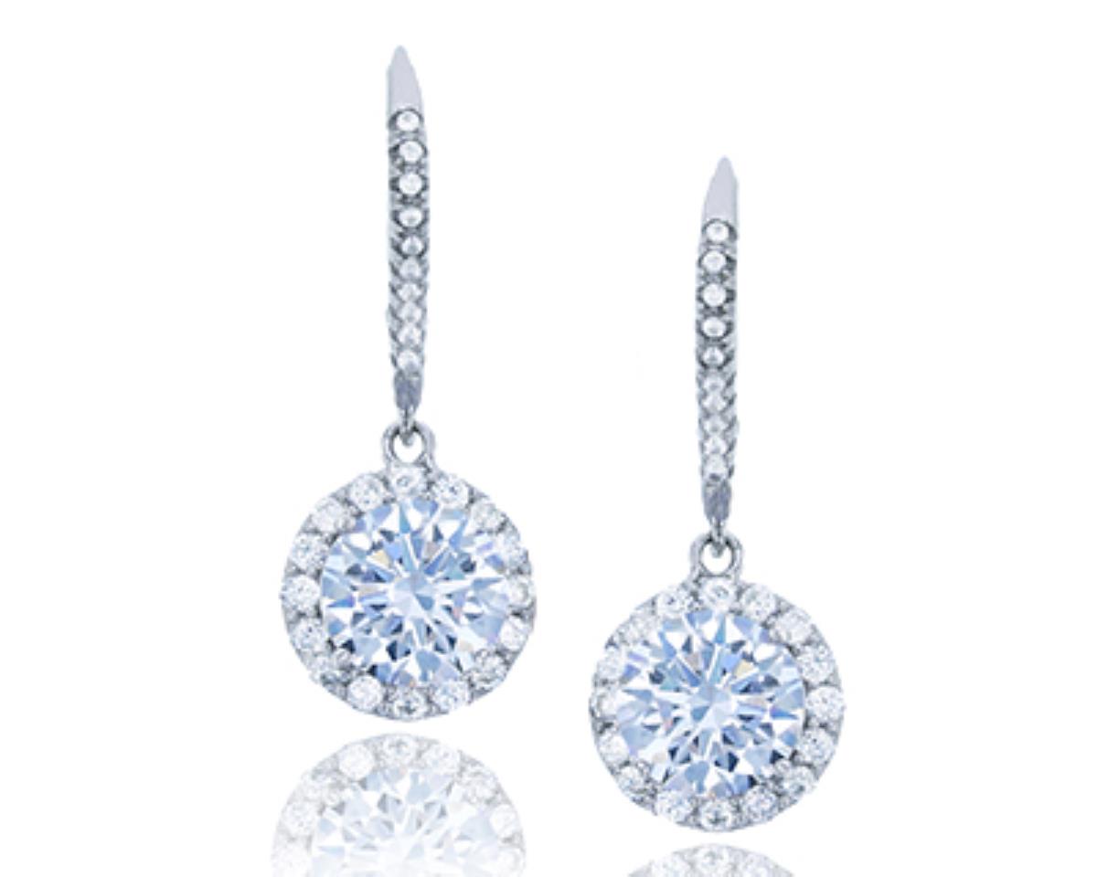 Sterling Silver Rhodium 8mm Round Cut CZ Halo Leverback Dangling Earring