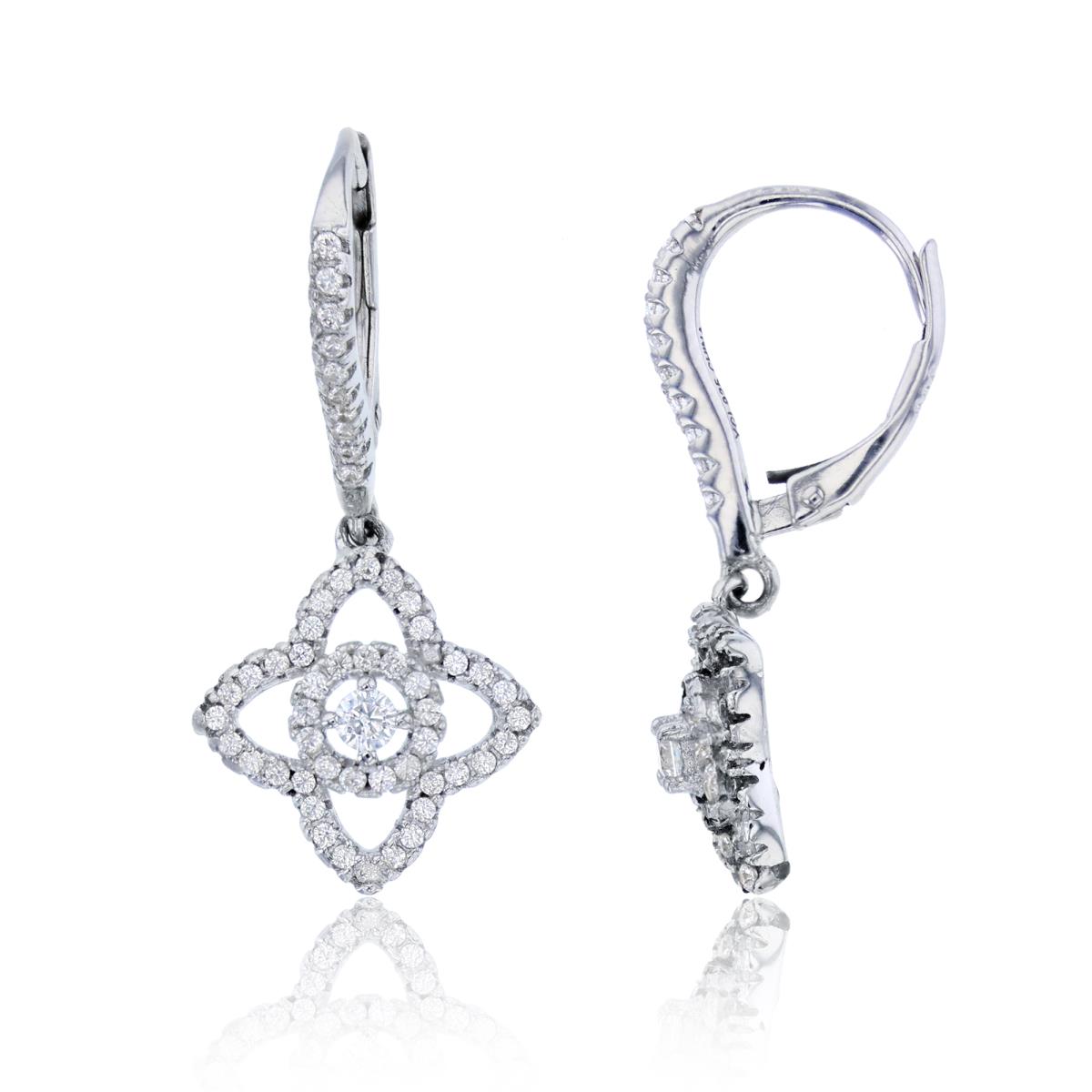 Sterling Silver Rhodium Micropave Clover CZ Leverback Dangling Earring
