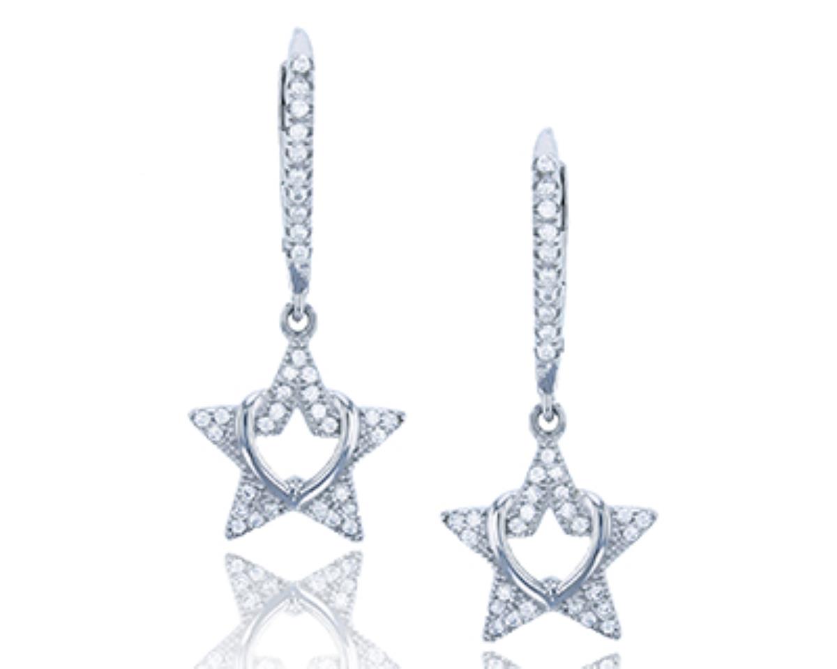 Sterling Silver Rhodium Micropave Star Open Center CZ Leverback Dangling Earring