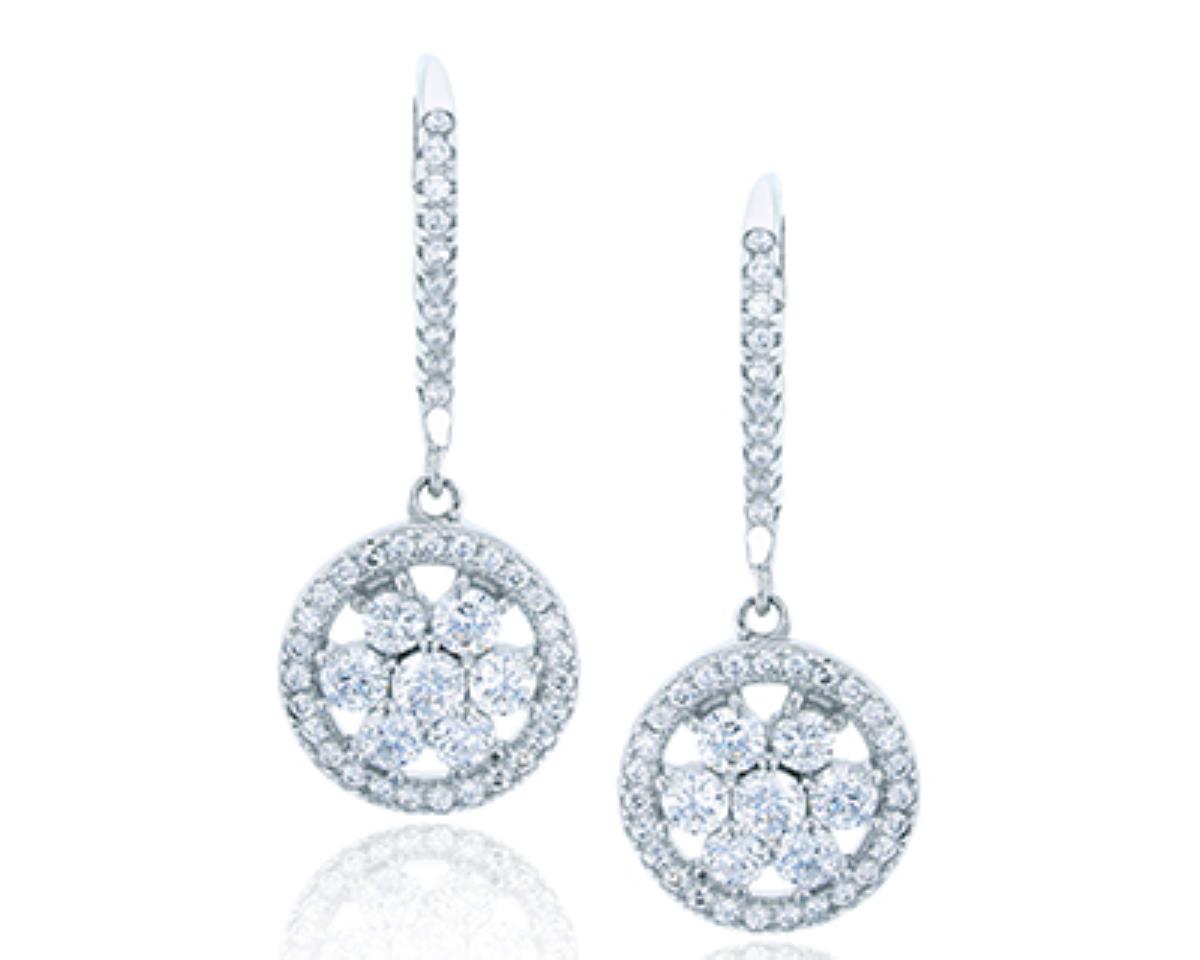Sterling Silver Rhodium Micropave Flower Halo CZ Leverback Dangling Earring