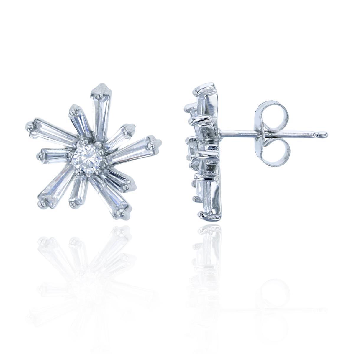 Sterling Silver Rhodium Baguette & Round CZ Flower Stud Earring