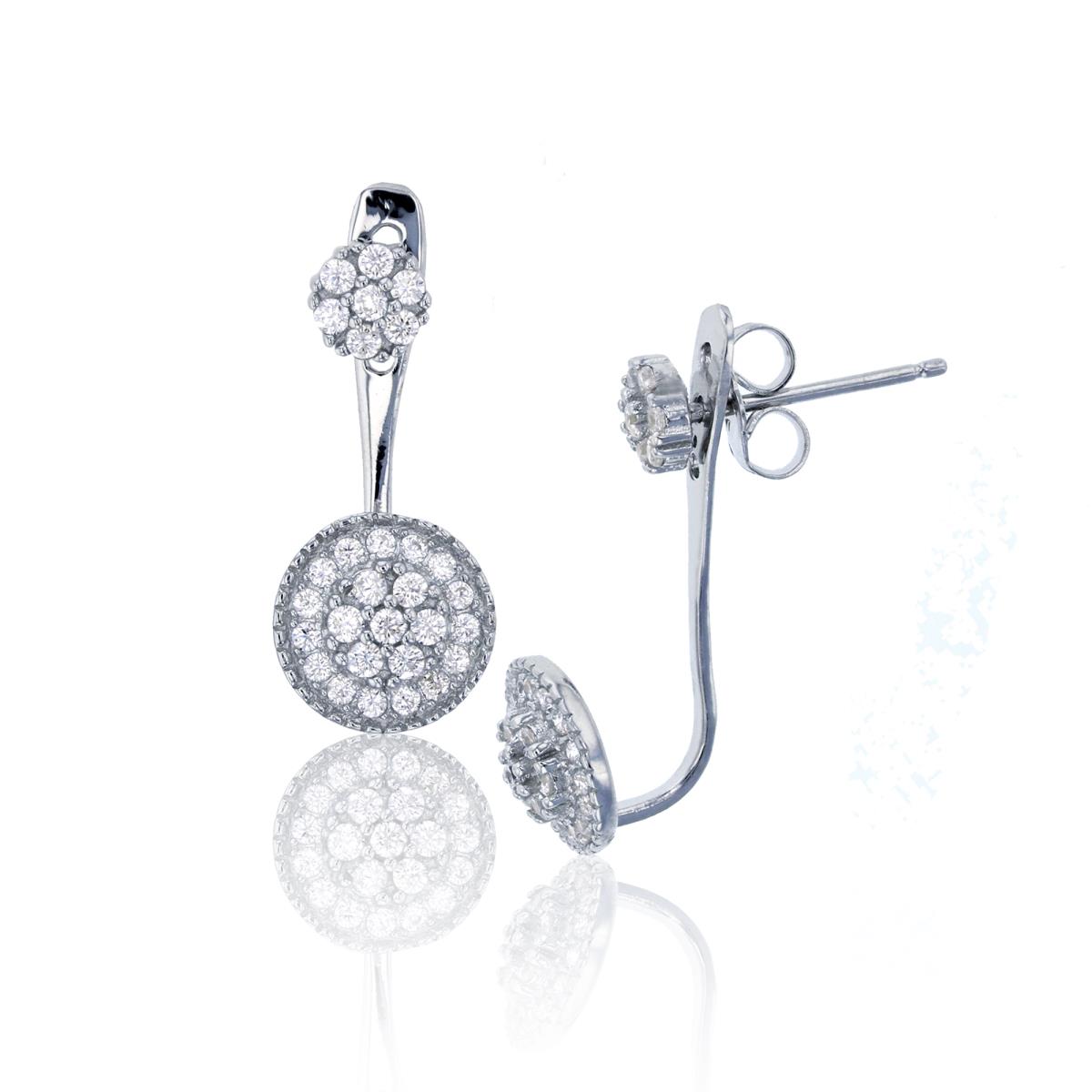 Sterling Silver Rhodium Micropave Double Cluster Stud Drop Earring