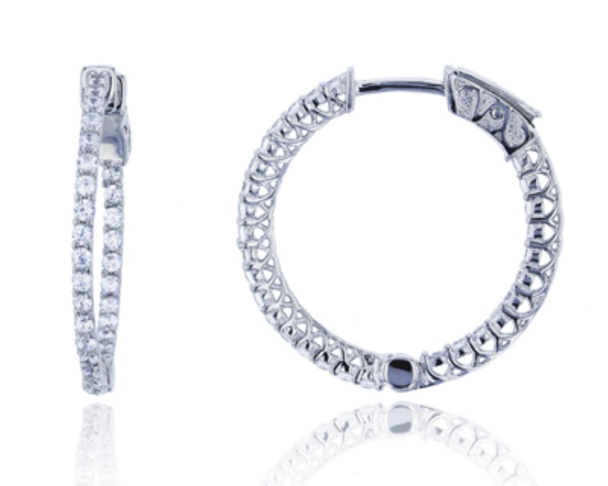 Sterling Silver Rhodium Micropave 2x25mm CZ Hoop Earring with Safety Lock