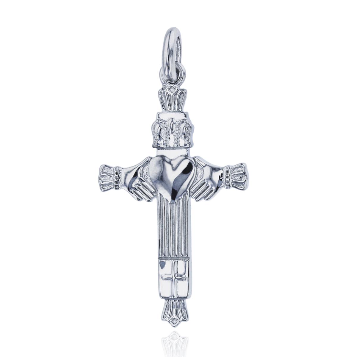 Sterling Silver Rhodium Polished 35X20mm Claddagh Cross Pendant