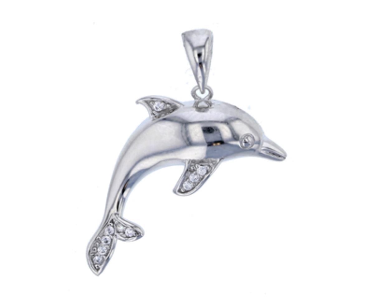 Sterling Silver Rhodium Micropave Dolphin CZ Dangling Pendant
