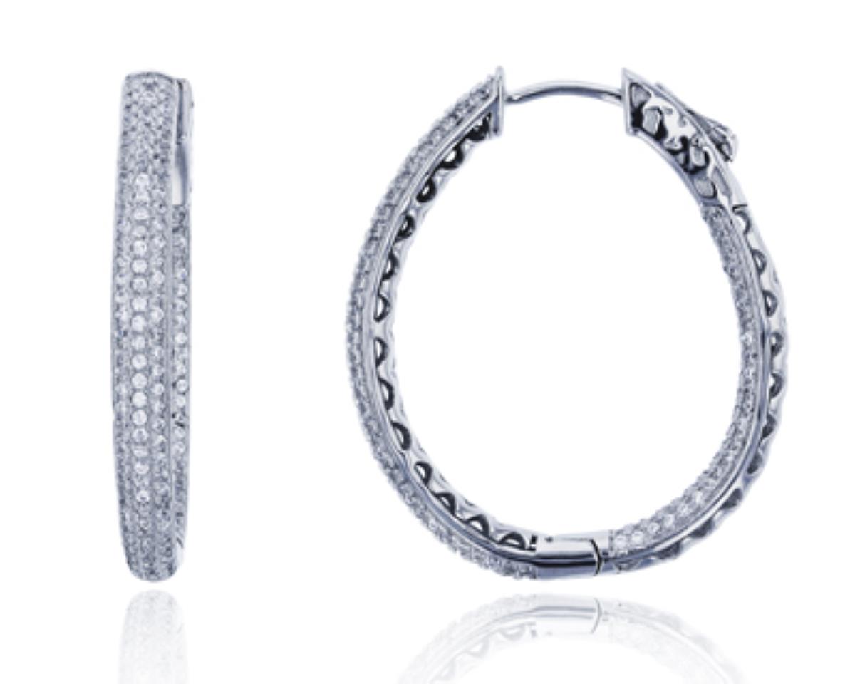 Sterling Silver Rhodium Micropave 3x33mm U-Shaped Safety Lock Hoop Earring