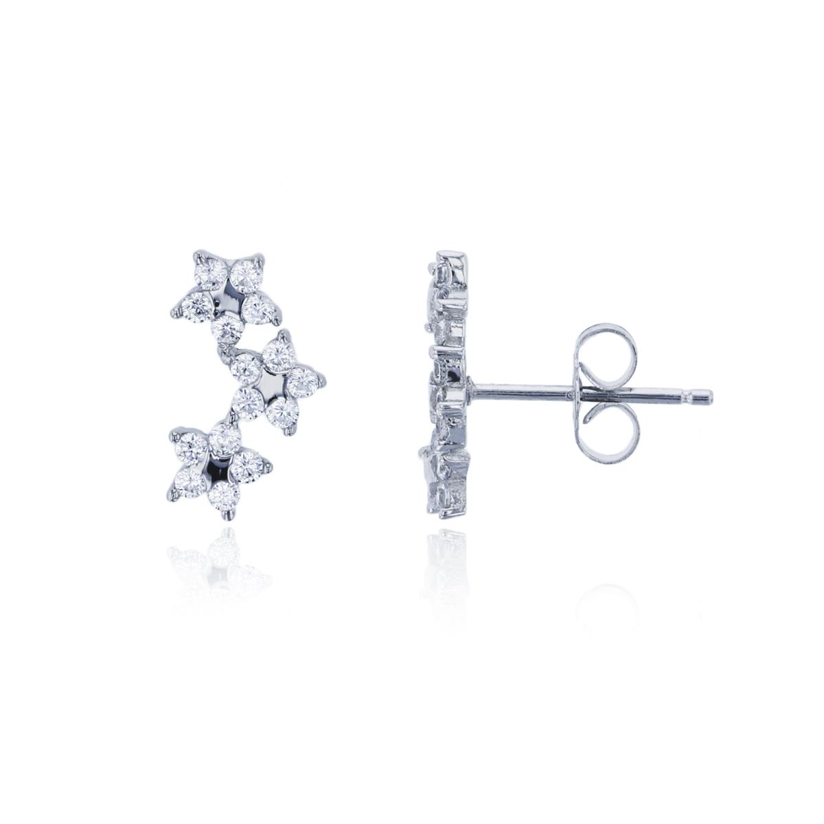 Sterling Silver Rhodium Micropave 3-Flower CZ Stud Earring
