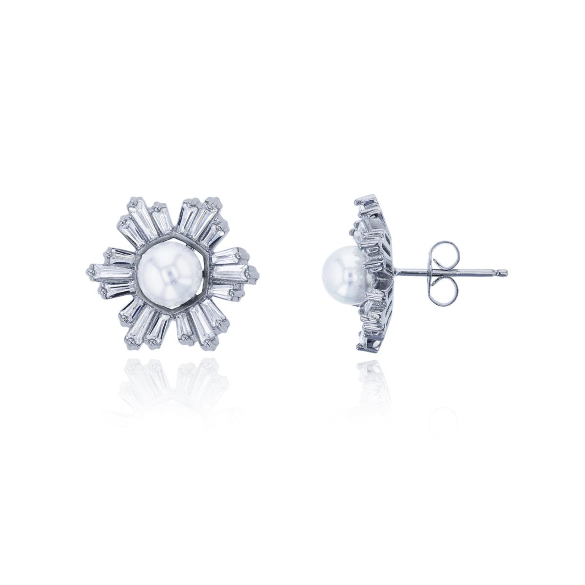 Sterling Silver Rhodium 6mm Fresh Water Pearl & Baguette CZ Flower Stud Earring