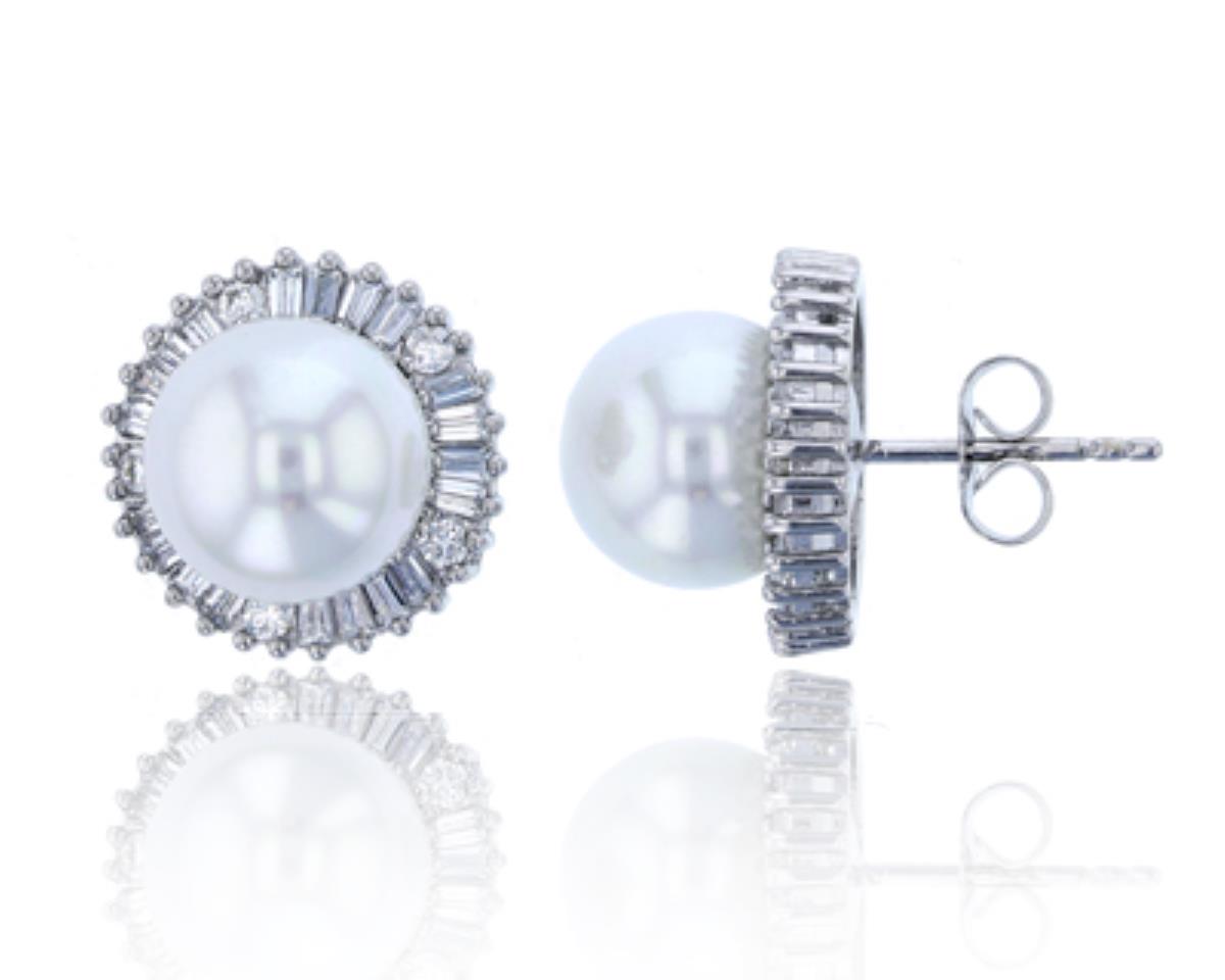 Sterling Silver Rhodium 10mm Fresh Water Pearl & Baguette CZ Stud Earring