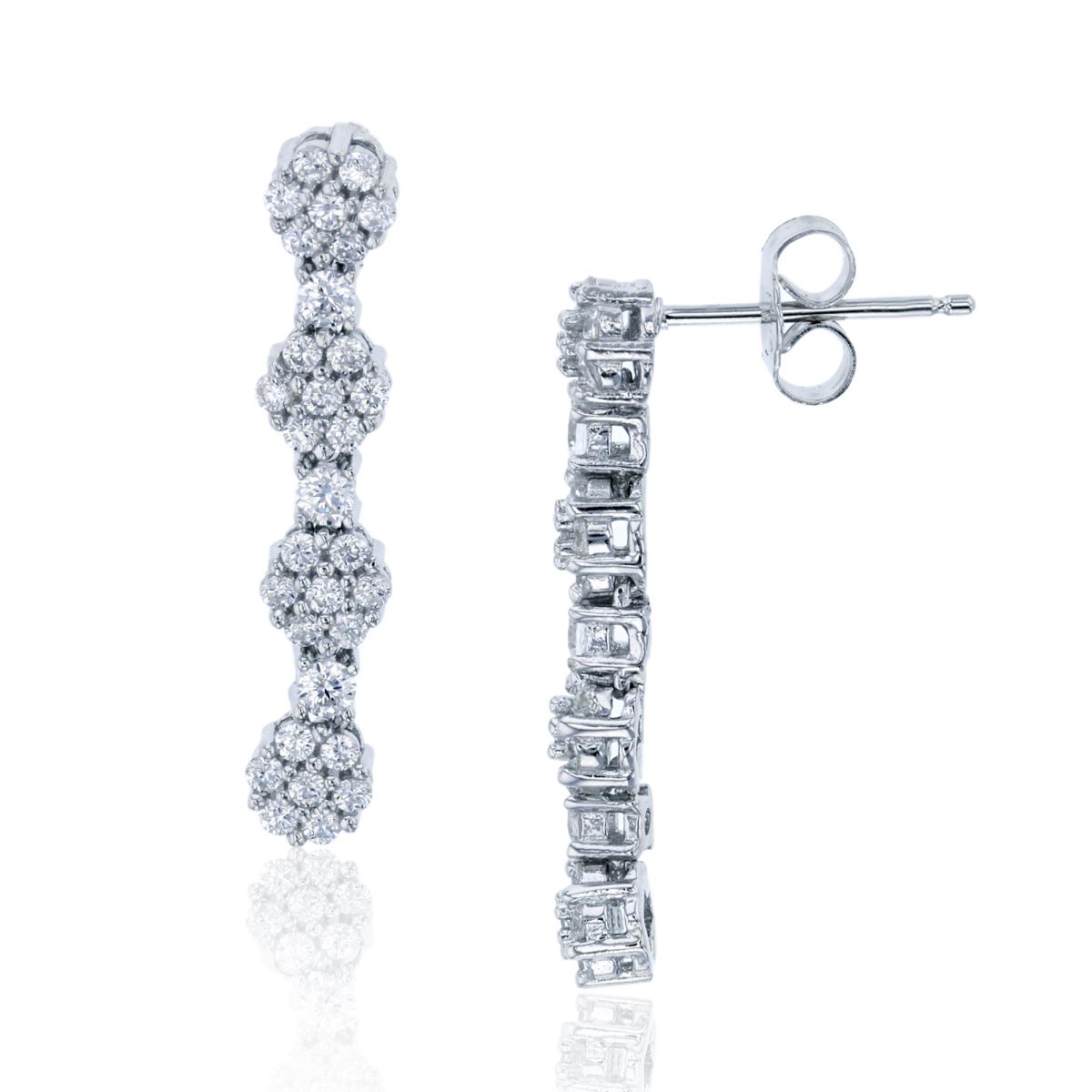 Sterling Silver Rhodium Micropave 4-Flower Linear Dangling Earring
