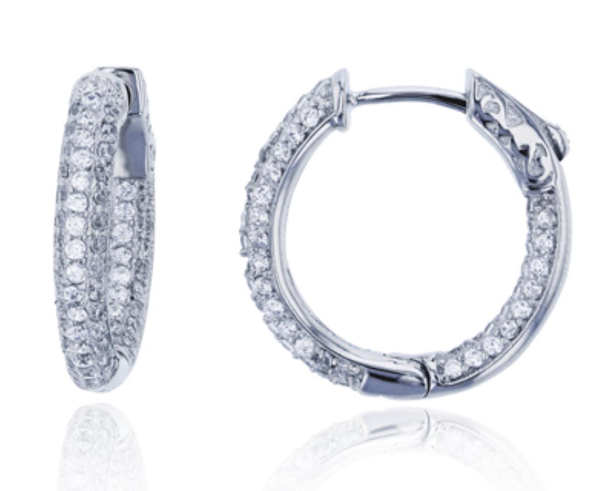 Brass Rhodium Micropave 20X3mm 3-Row CZ Safety Lcok Hoop Earring