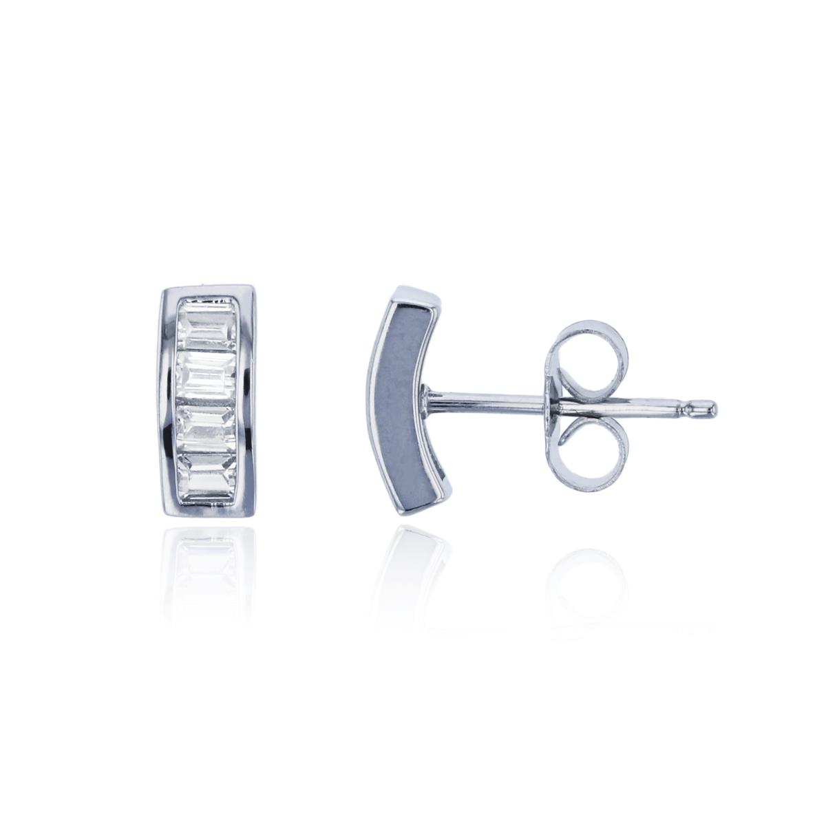 Sterling Silver Rhodium 9X3mm Pave Baguette CZ Stud Earring