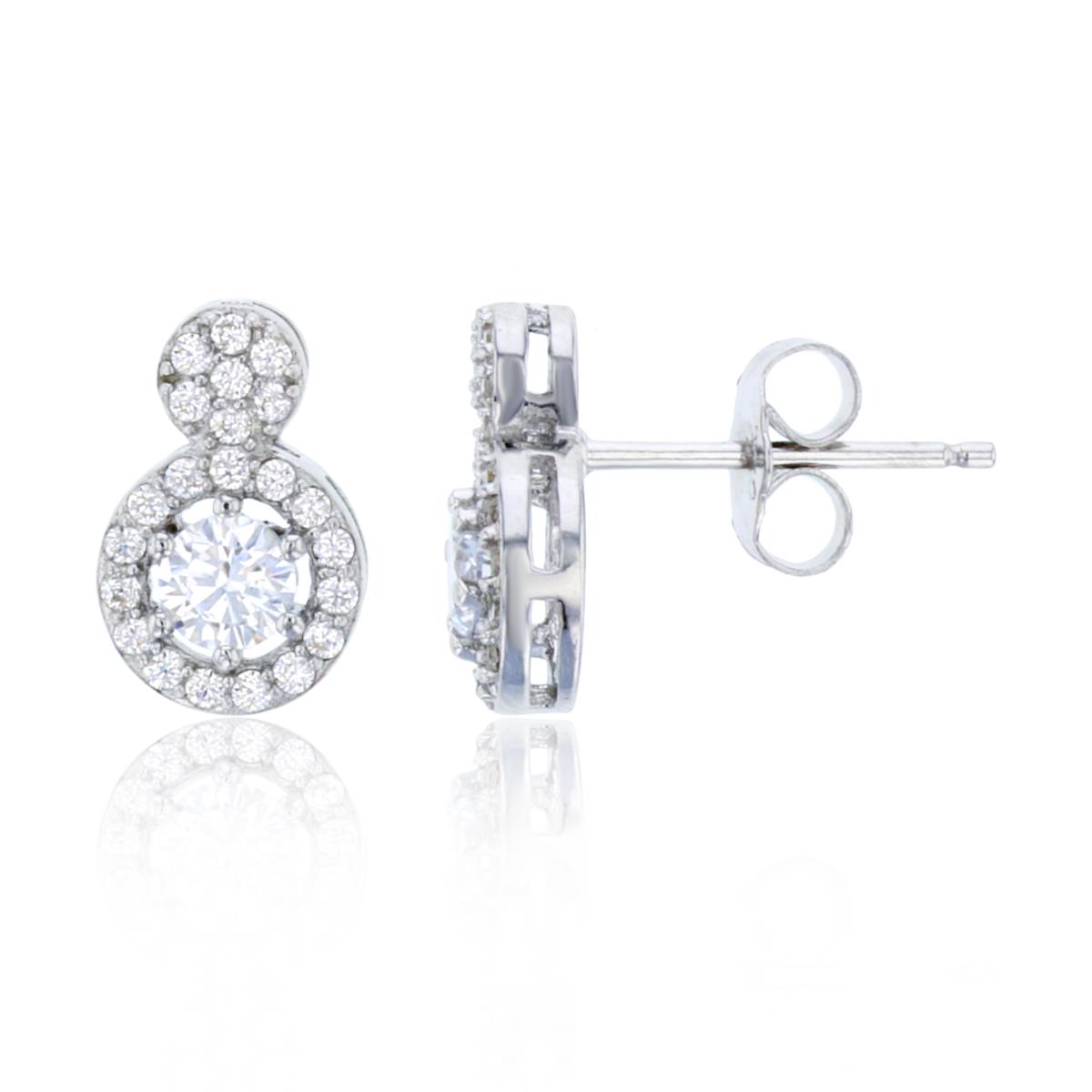 Sterling Silver Rhodium Pave 4mm Round Cut Double Circle CZ Drop Earring