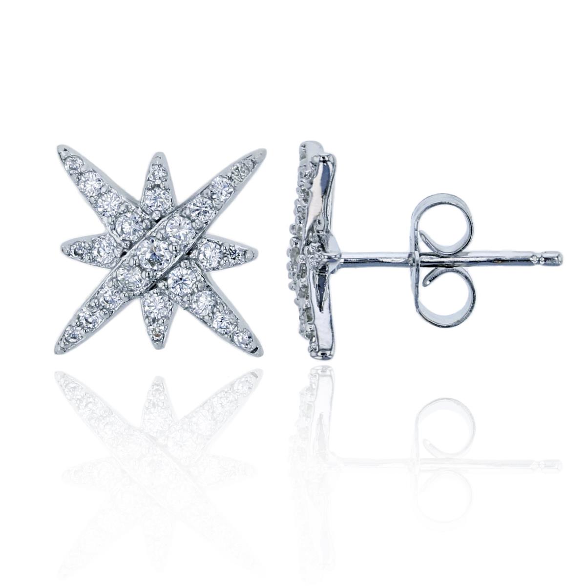 Sterling Silver Rhodium Micropave 15mm Starburst Stud Earring