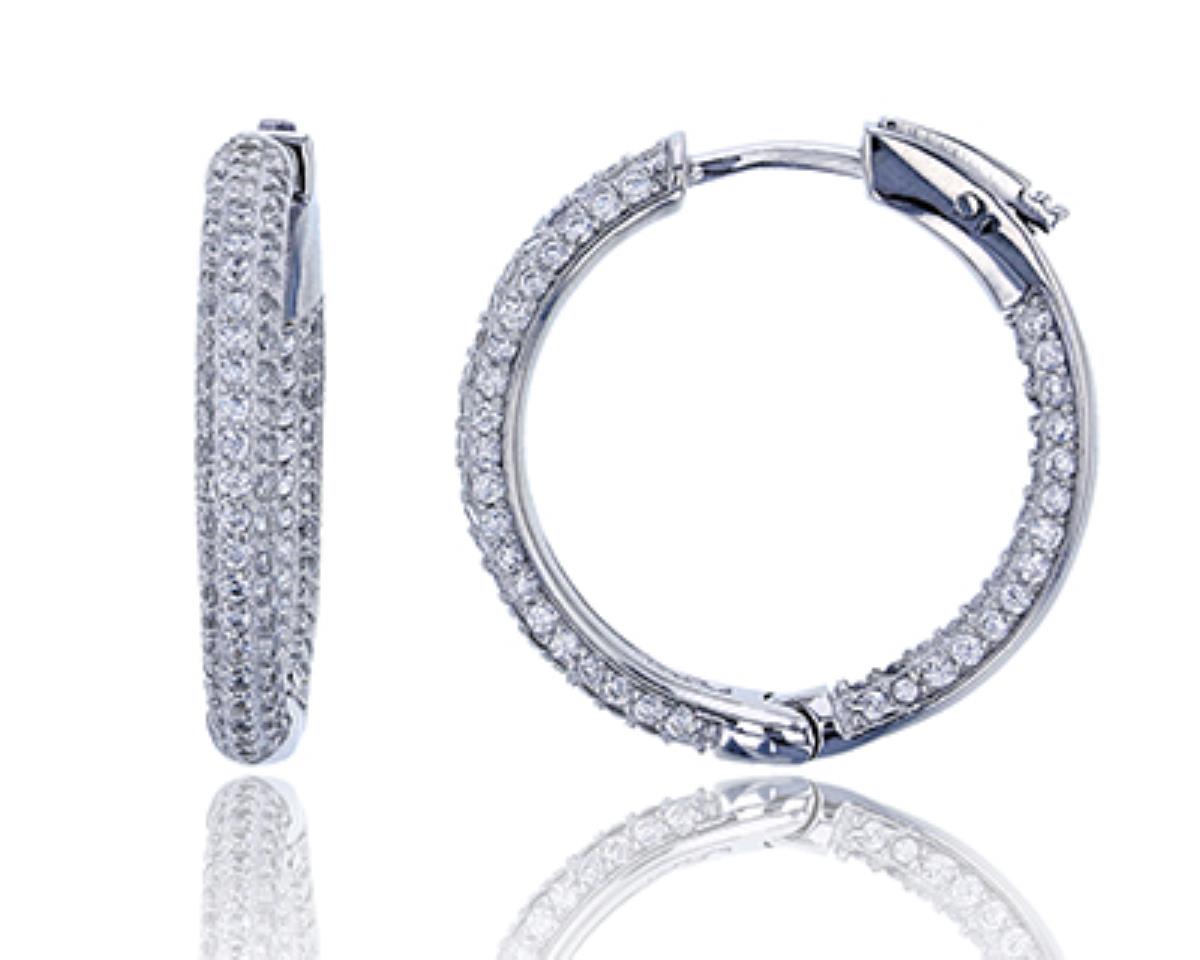 Sterling Silver Rhodium Micropave 3x25mm CZ Hoop Earring with Safety Lock