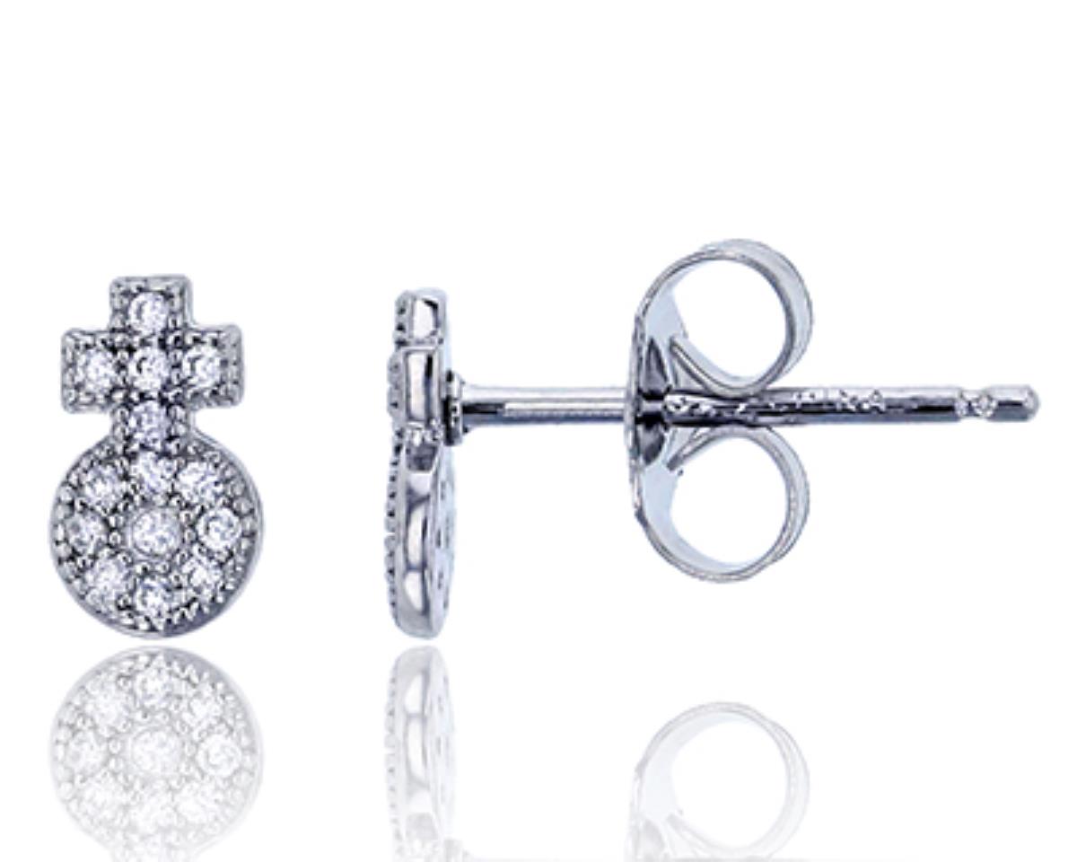 Sterling Silver Rhodium Pave Circle with Cross On Top CZ Stud Earring