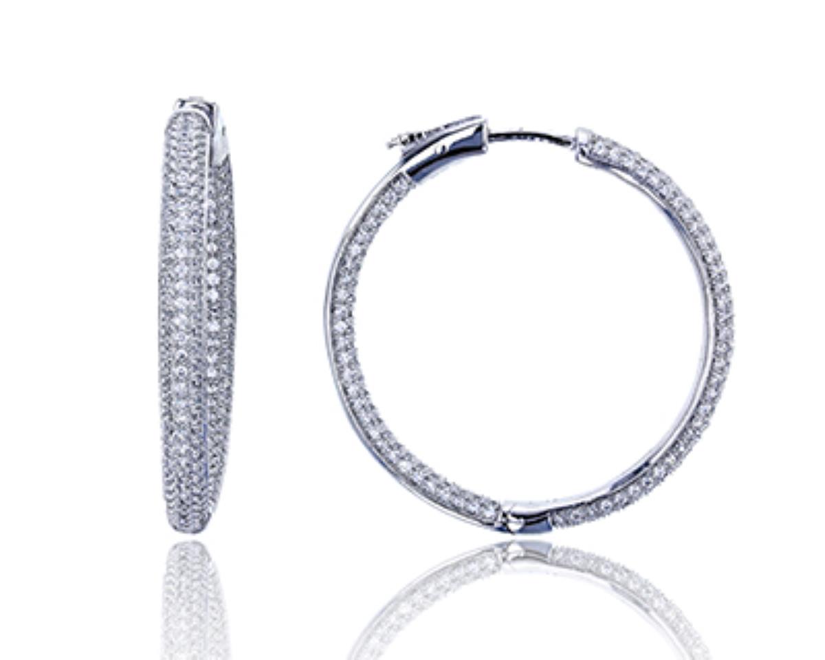 Sterling Silver Rhodium Micropave 3x35mm 3-Row CZ Hoop Earring with Safety Lock