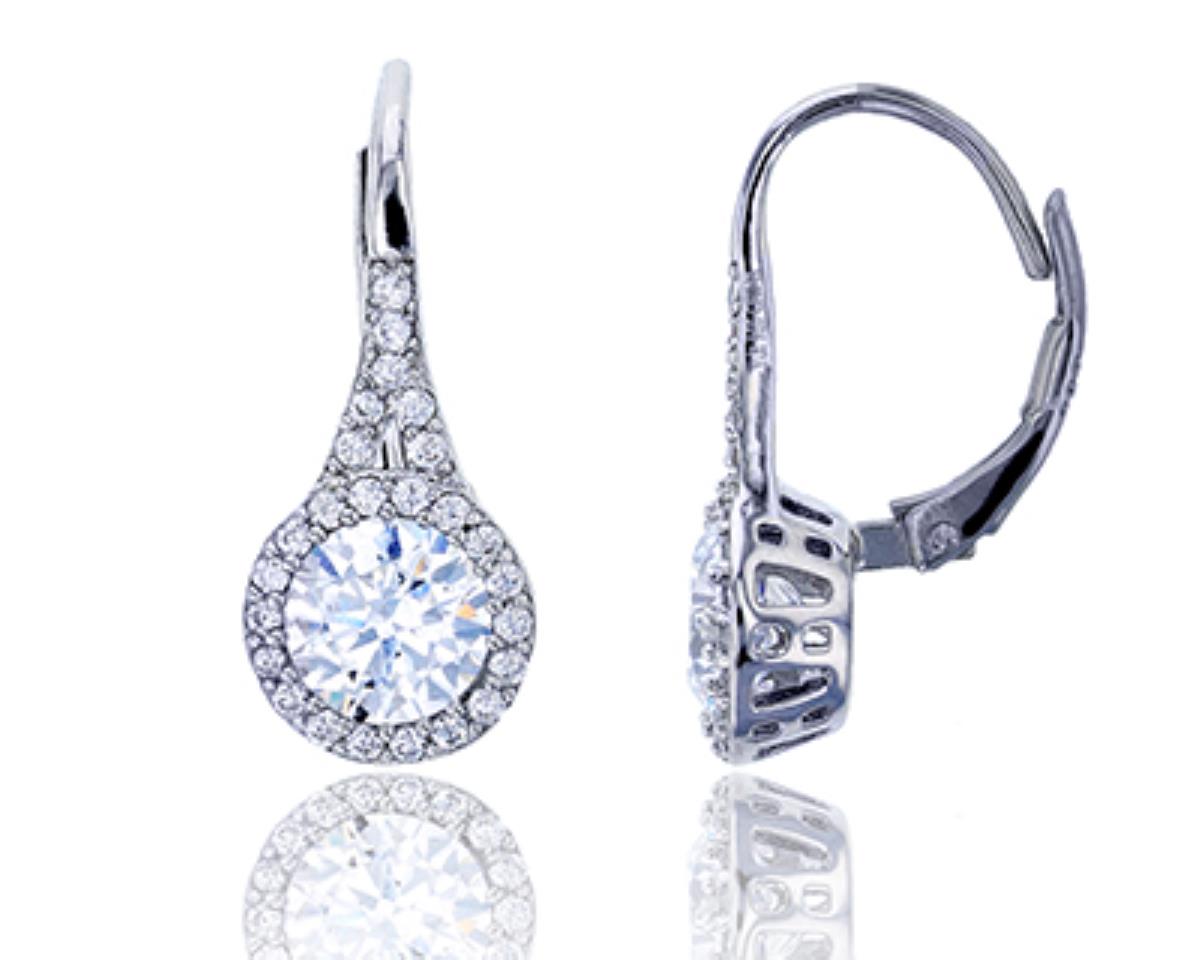Sterling Silver Rhodium 6.5mm Round Cut CZ Micropave Drop Lever Back Earring