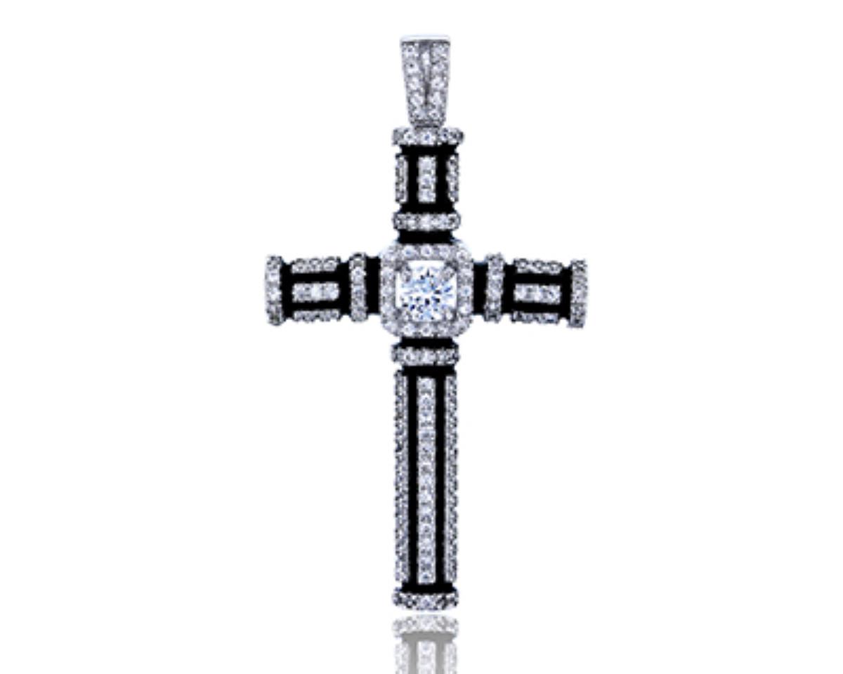 Sterling Silver Rhodium Micropave Black Enamel and Clear CZ Cross 36x24mm Pendant