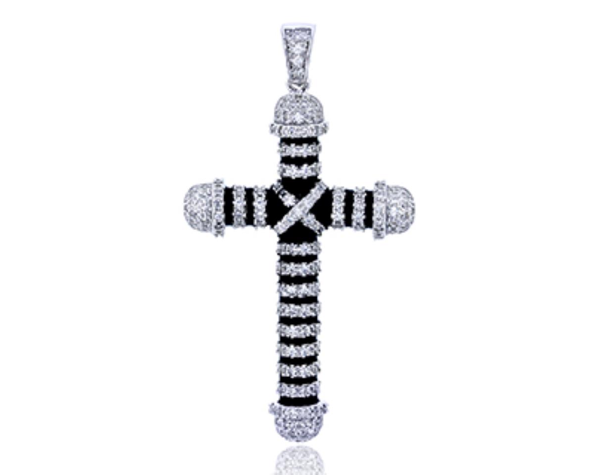 Sterling Silver Rhodium Micropave Black Enamel and Clear CZ Cross 36x23mm  Pendant