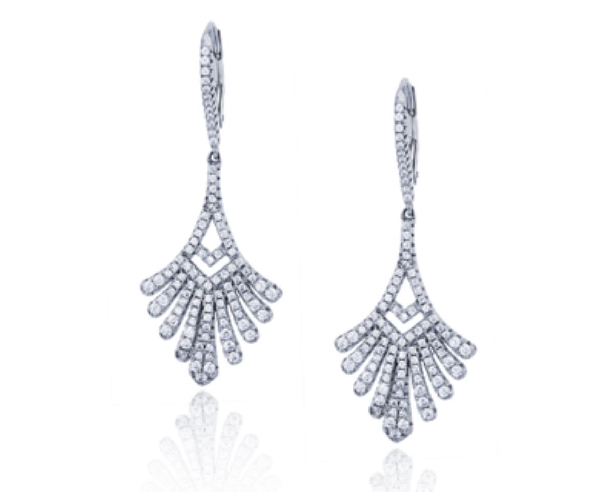 Sterling Silver Rhodium Micropave Leaf CZ Lever Back Earring