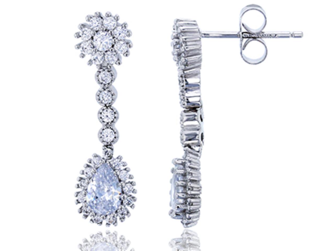 Sterling Silver Rhodium Micropave Round & Pear CZ Bridal Dangling Earring