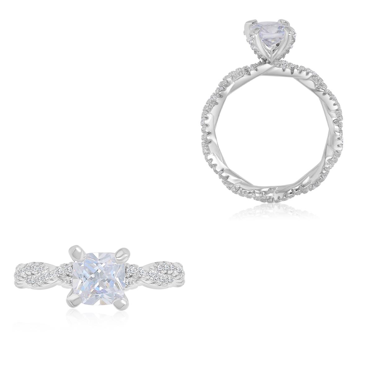 Sterling Silver Rhodium Micropave 6mm Cushion Cut CZ Rope Band Engagement Ring