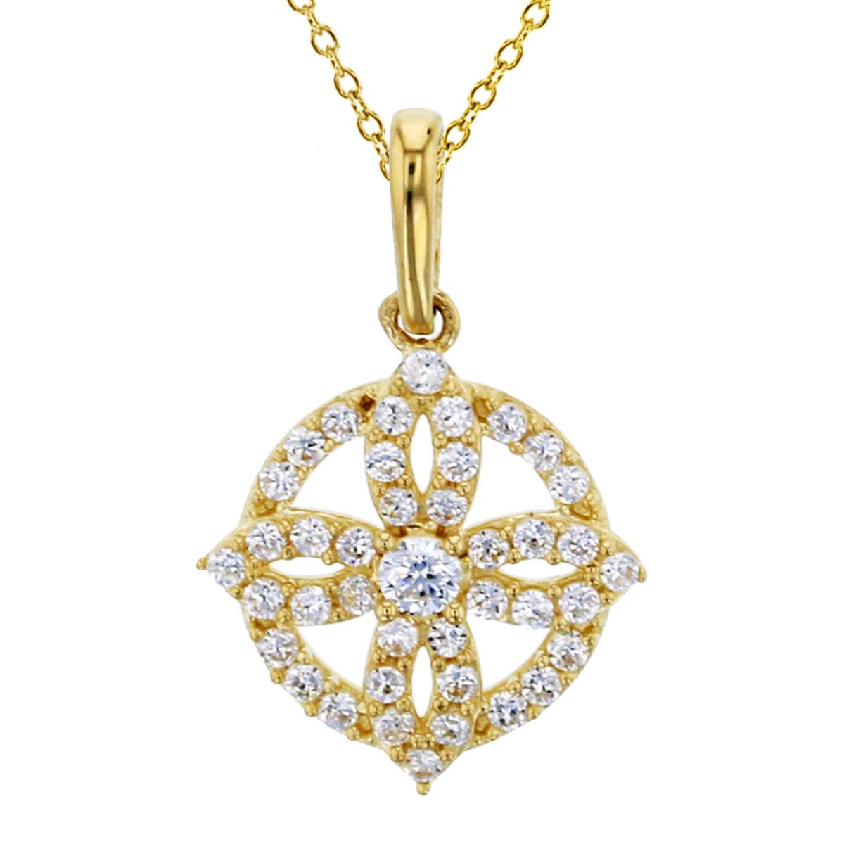 14K Yellow Gold 16x10mm Micropave 4 Leaf Shape CZ Dangling 18" Necklace