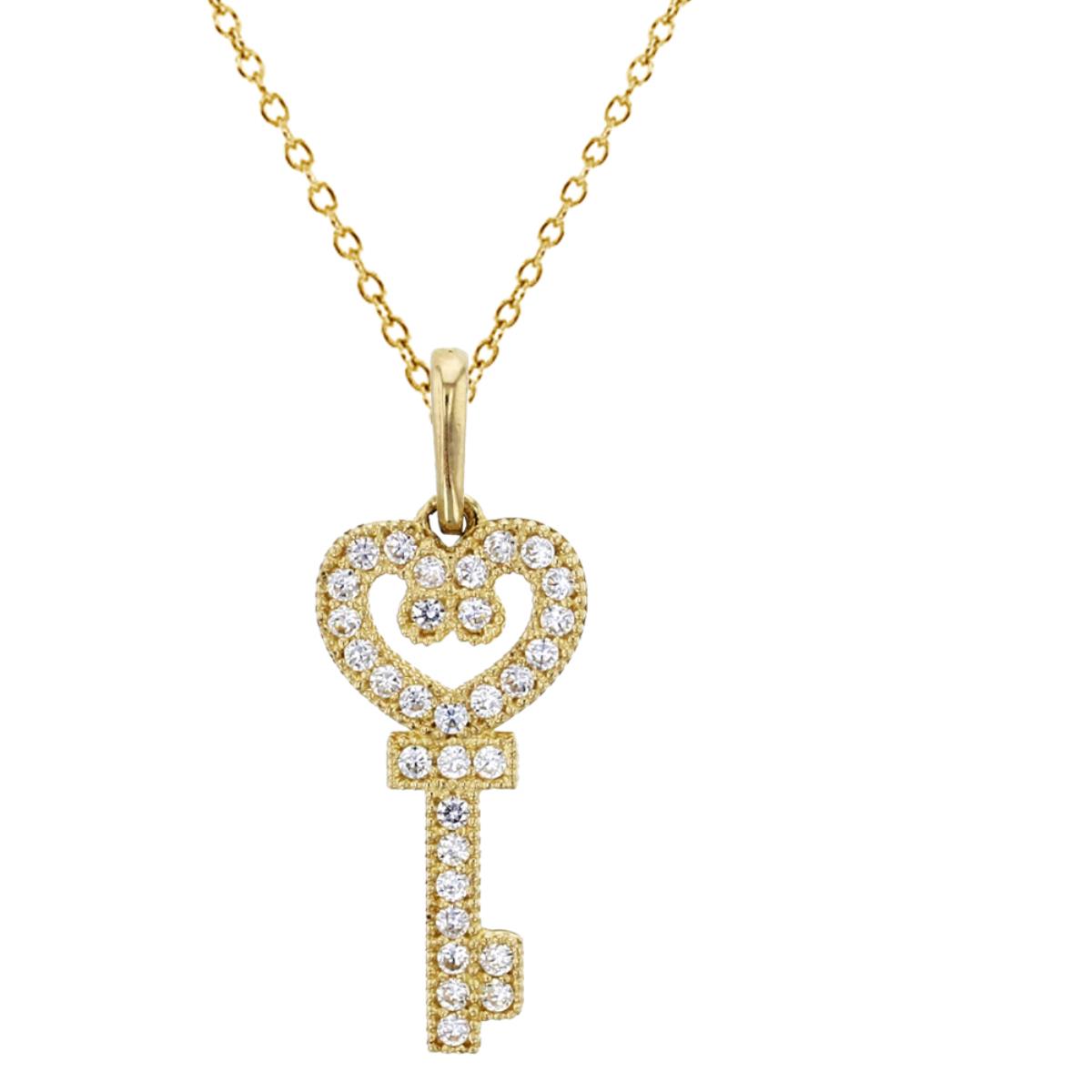 14K Yellow Gold Micropave 21x8mm Milgrain Heart Key 18" Necklace