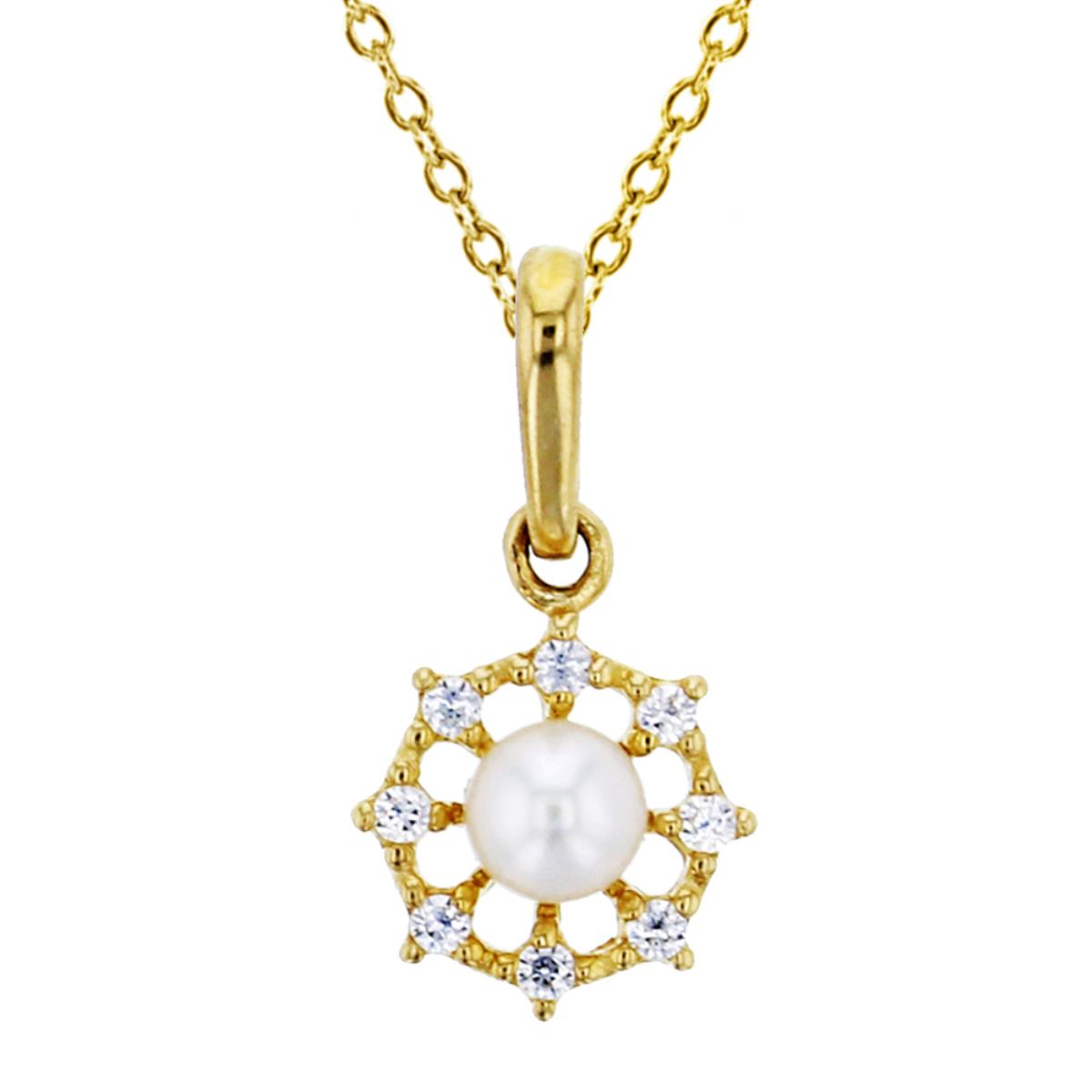 10K Yellow Gold 3mm Fresh Water Pearl & CZ Christmas Snowflake 18" Necklace